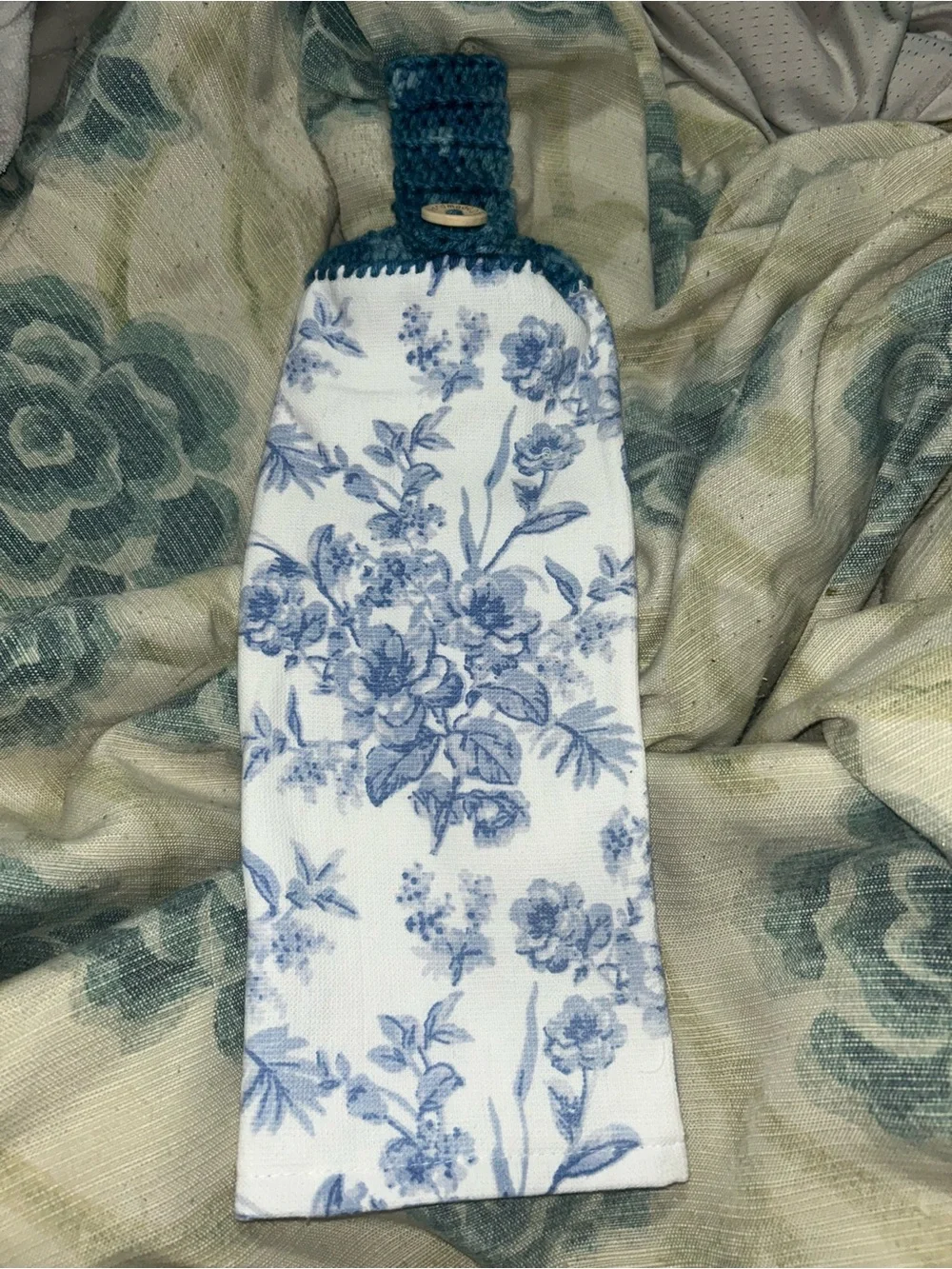Blue Floral Hanging Kitchen Towel with Crochet Loop